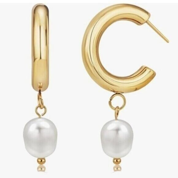 Dangle Pearl Earrings Gold Chunky hoop w/dangle Pearl Waterproof Gold Hoops CUTE - Picture 3 of 12